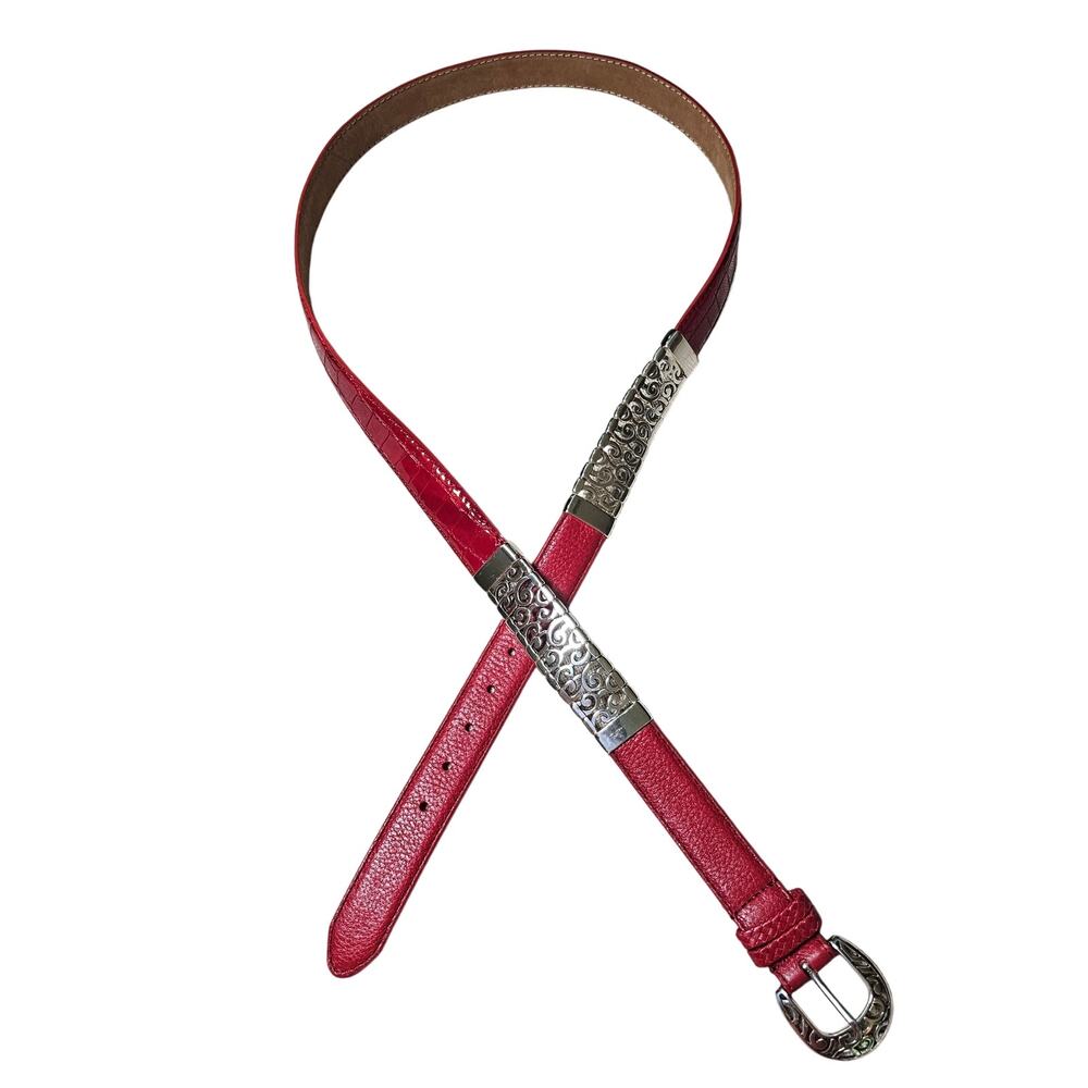 Brighton Red Leather Belt with Silver Filigree Accents